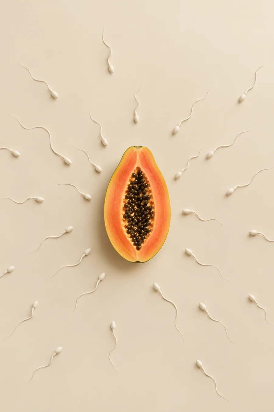 Papaya abierta rodeada de espermatozoides: la fertilidad es cosa de dos